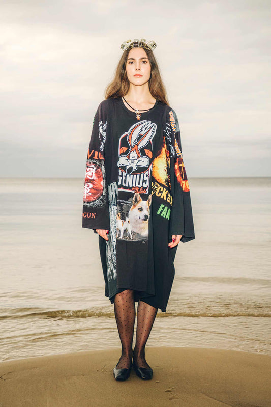 Oversized upcycled t-shirt maxi dress made from black vintage cotton, shown on a model, front view.