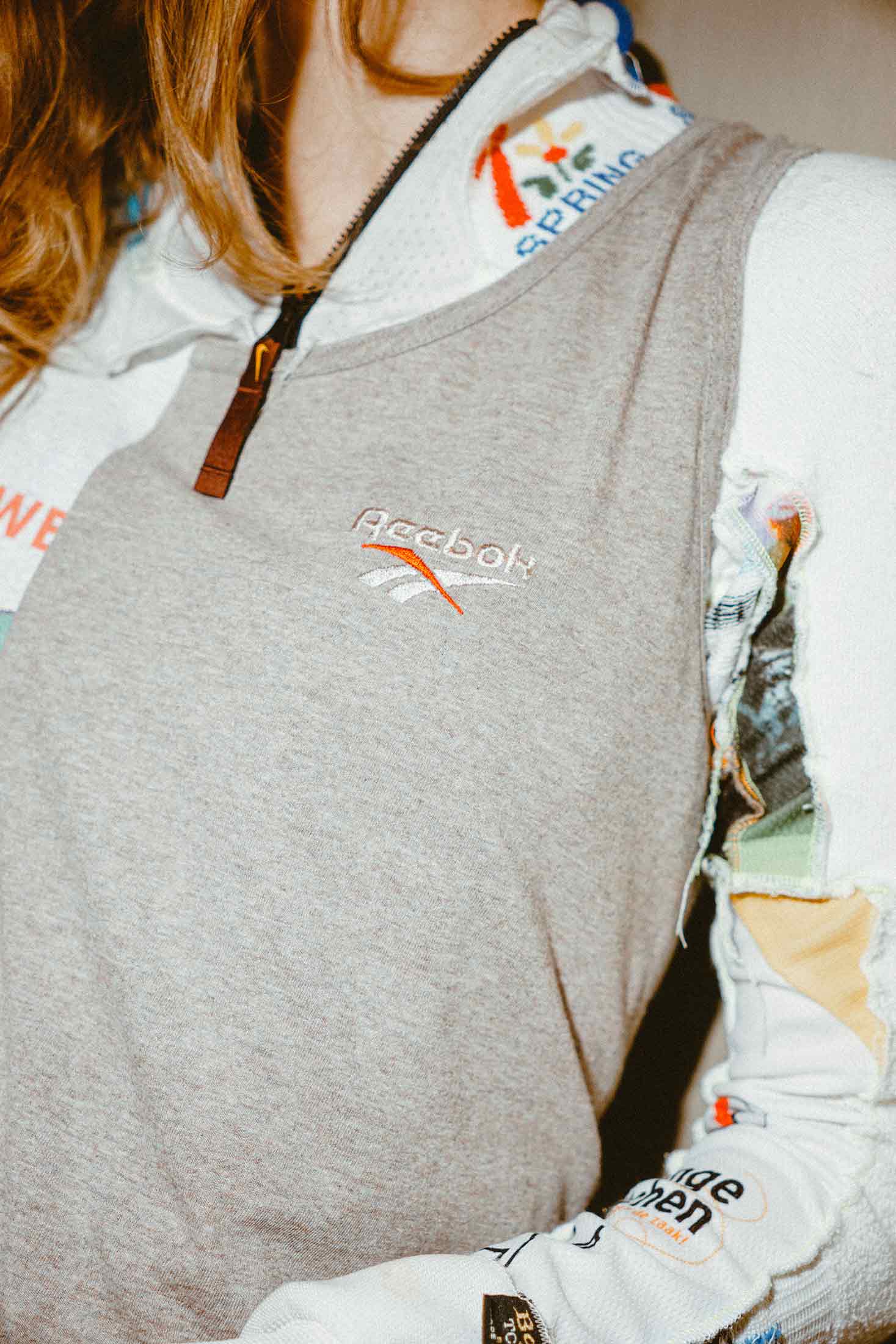 Upcycled patchwork top closeup shot